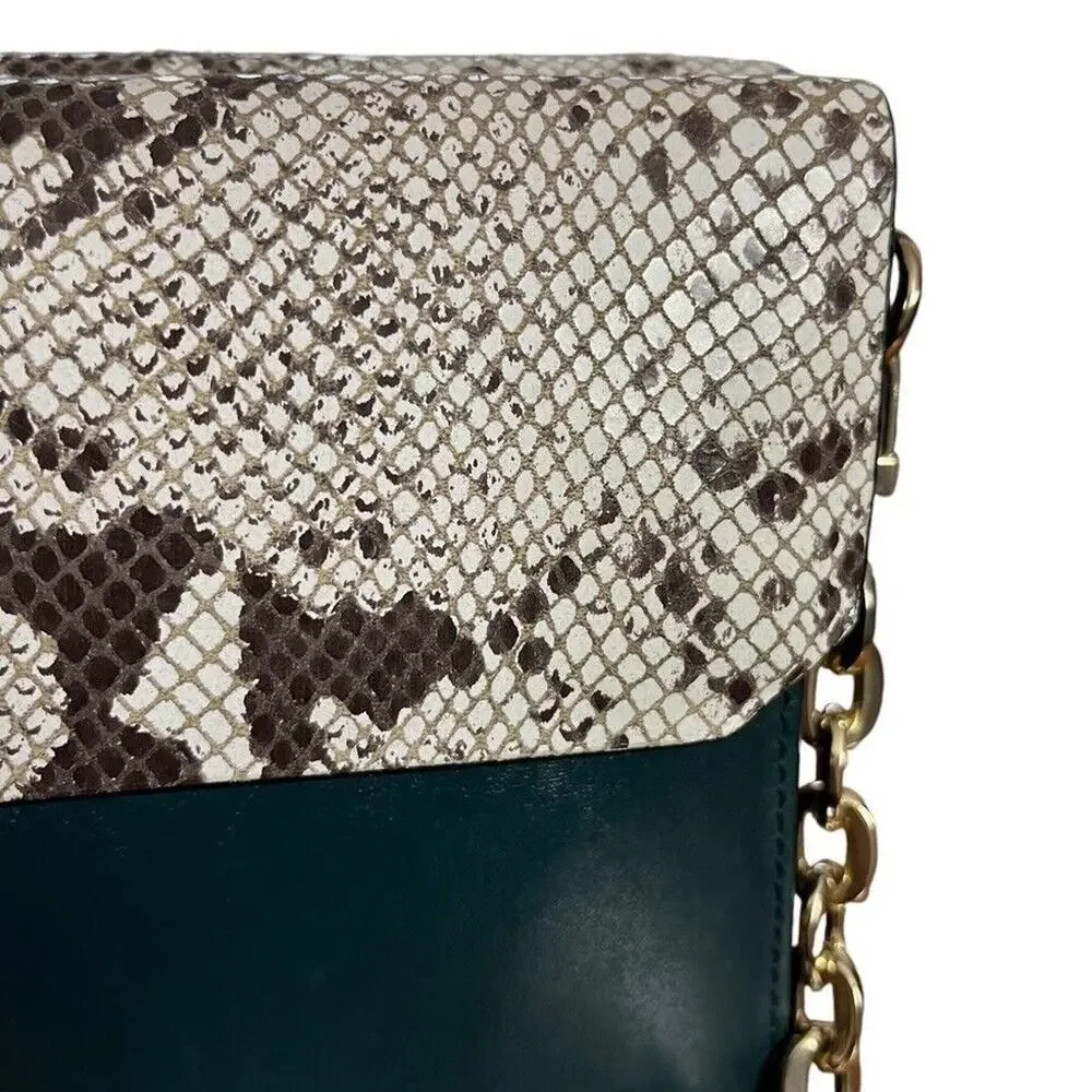 Trina Turk Womens Leather Handbag Teal Snakeskin Purse Flap Pocket Silver Gold